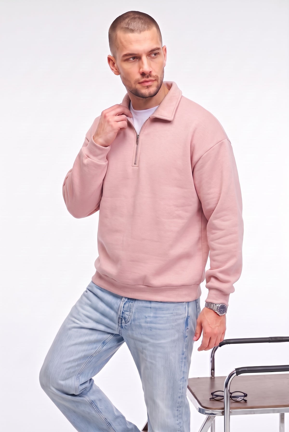 Erkek Pembe Yarım Fermuar Polo Yaka 3 İplik İçi Polarlı Şardonlu Oversize Sweatshirt