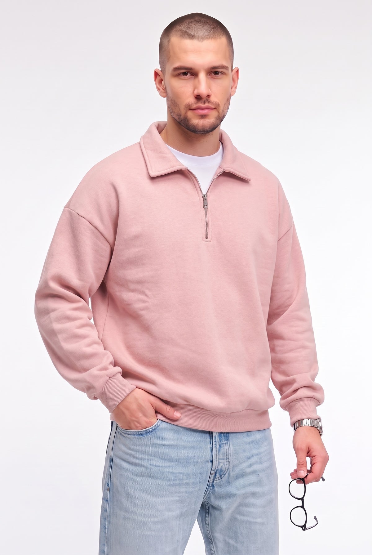 Erkek Pembe Yarım Fermuar Polo Yaka 3 İplik İçi Polarlı Şardonlu Oversize Sweatshirt