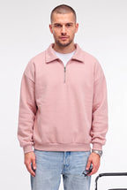 Erkek Pembe Yarım Fermuar Polo Yaka 3 İplik İçi Polarlı Şardonlu Oversize Sweatshirt