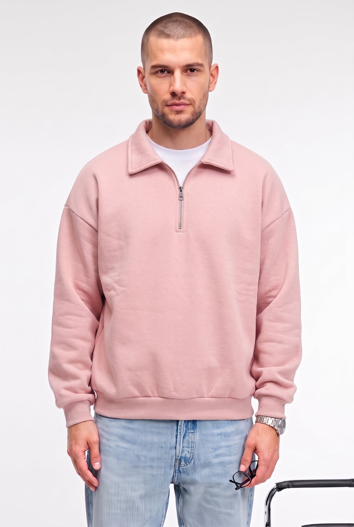 Erkek Pembe Yarım Fermuar Polo Yaka 3 İplik İçi Polarlı Şardonlu Oversize Sweatshirt