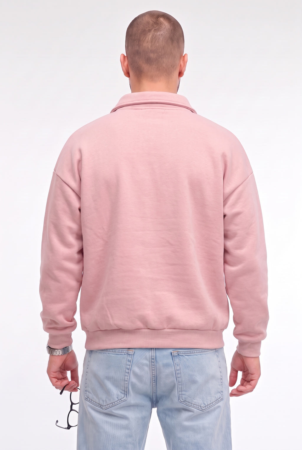Erkek Pembe Yarım Fermuar Polo Yaka 3 İplik İçi Polarlı Şardonlu Oversize Sweatshirt