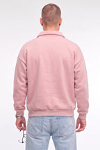 Erkek Pembe Yarım Fermuar Polo Yaka 3 İplik İçi Polarlı Şardonlu Oversize Sweatshirt