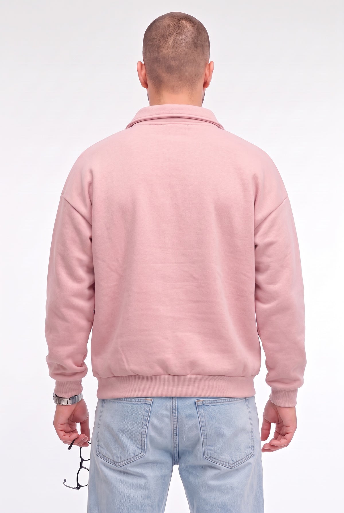 Erkek Pembe Yarım Fermuar Polo Yaka 3 İplik İçi Polarlı Şardonlu Oversize Sweatshirt