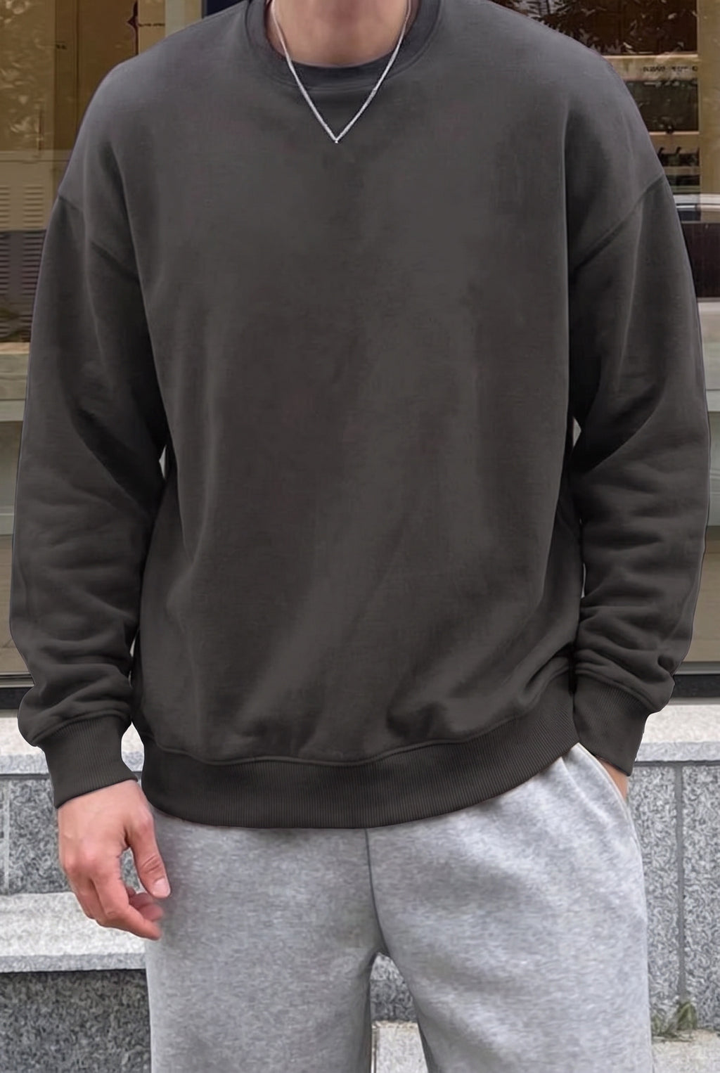 Erkek Petrol Füme Basic 0 Sıfır Yaka Baskısız Düz Oversize Salaş Bol Kesim Polar Sweatshirt