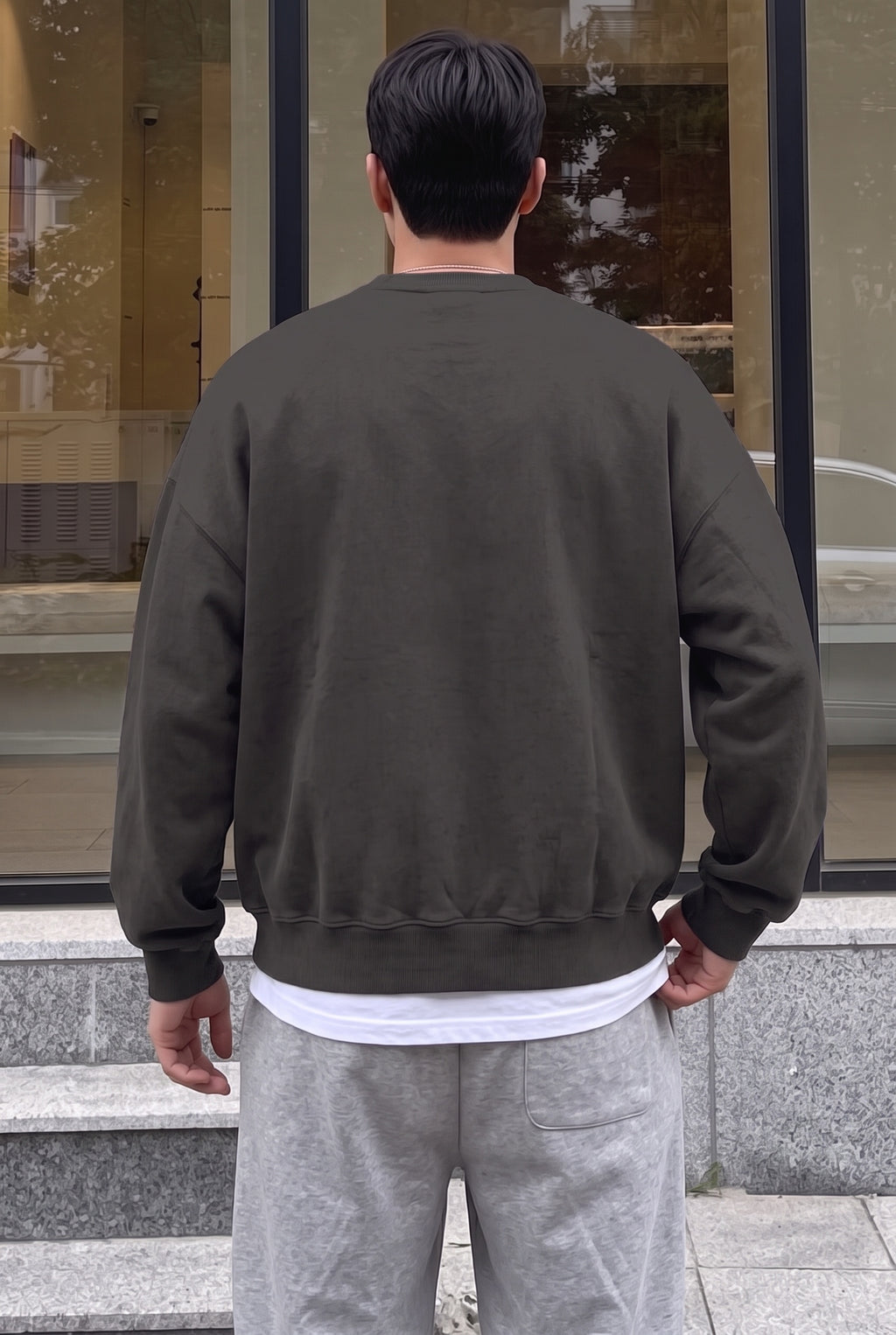 Erkek Petrol Füme Basic 0 Sıfır Yaka Baskısız Düz Oversize Salaş Bol Kesim Polar Sweatshirt
