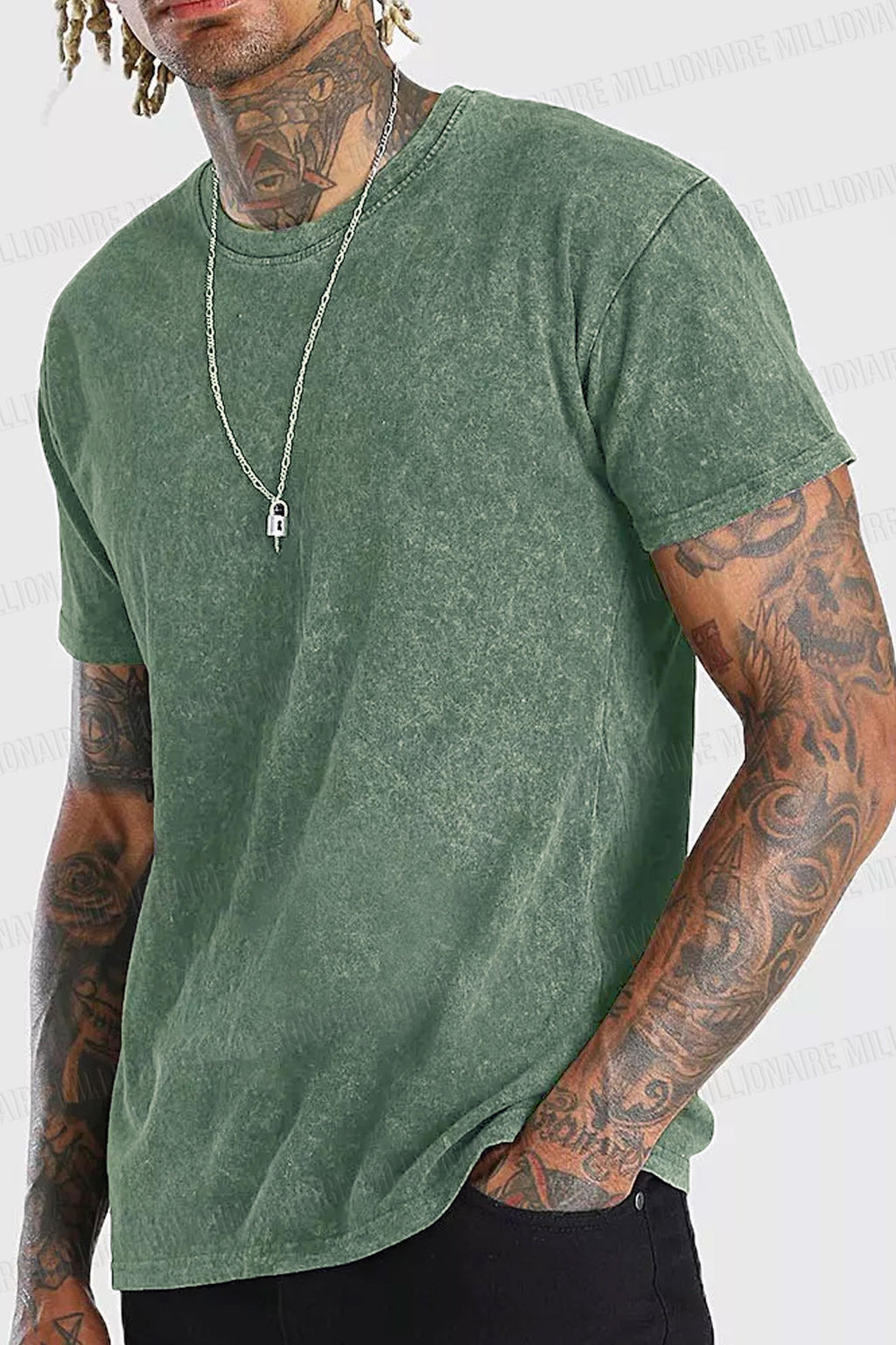 Erkek Petrol Yeşili Regular Asit Yıkamalı Eskitme Efektli Boyalı T-Shirt