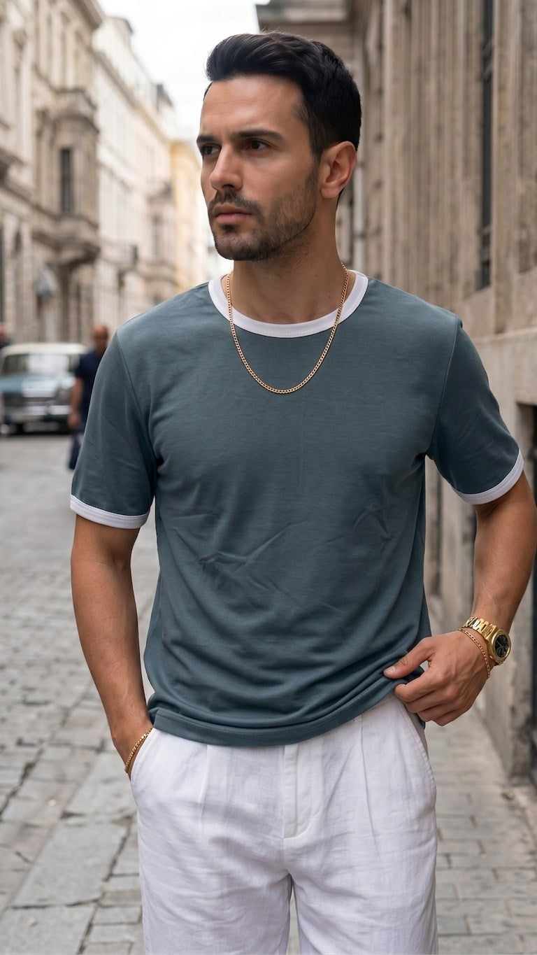 Erkek Petrol Yeşili Renkli Tişört Bisiklet Yaka Kol Garnili Regular T-shirt