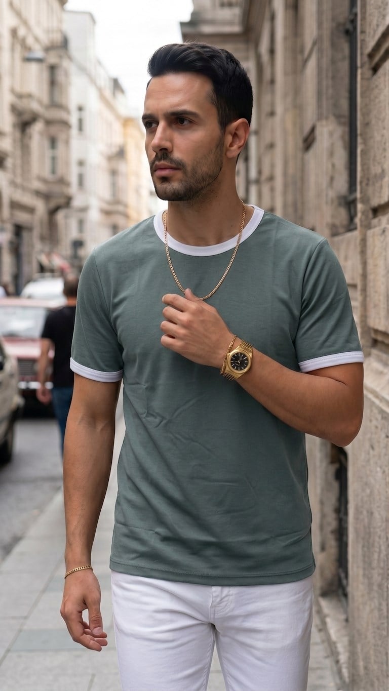 Erkek Petrol Yeşili Renkli Tişört Bisiklet Yaka Kol Garnili Regular T-shirt