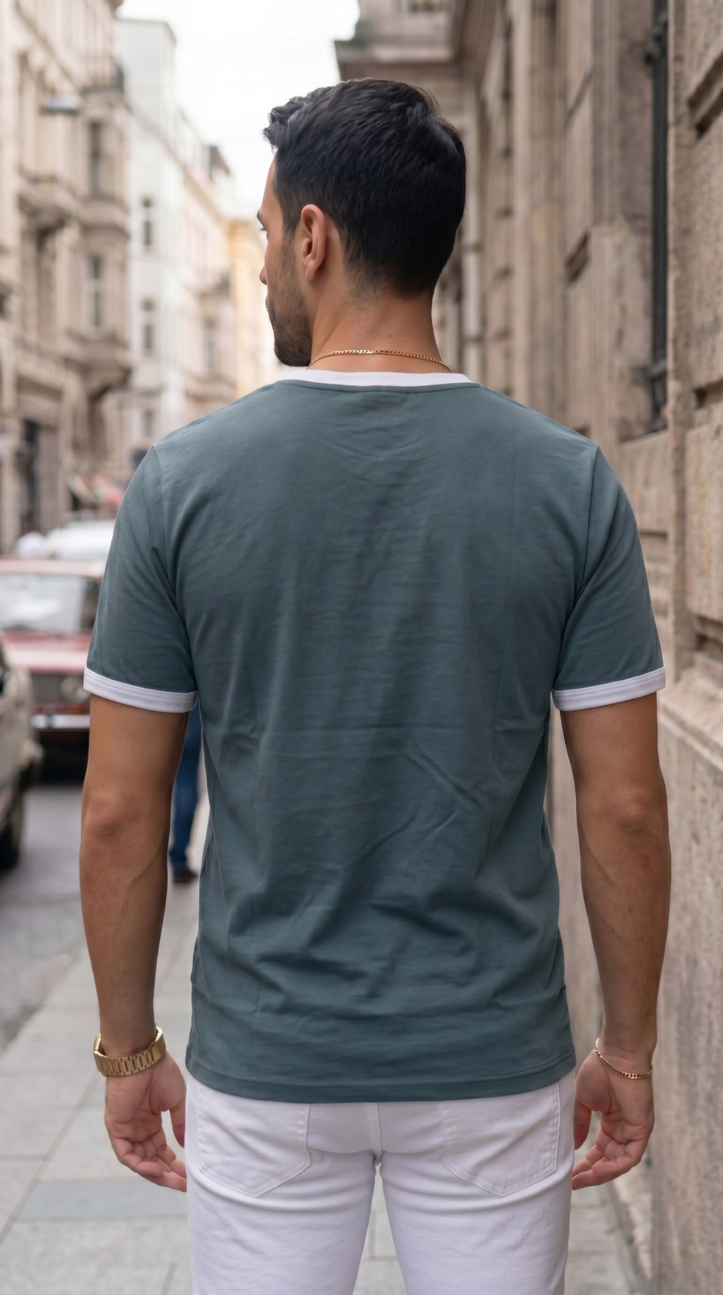 Erkek Petrol Yeşili Renkli Tişört Bisiklet Yaka Kol Garnili Regular T-shirt