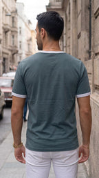 Erkek Petrol Yeşili Renkli Tişört Bisiklet Yaka Kol Garnili Regular T-shirt