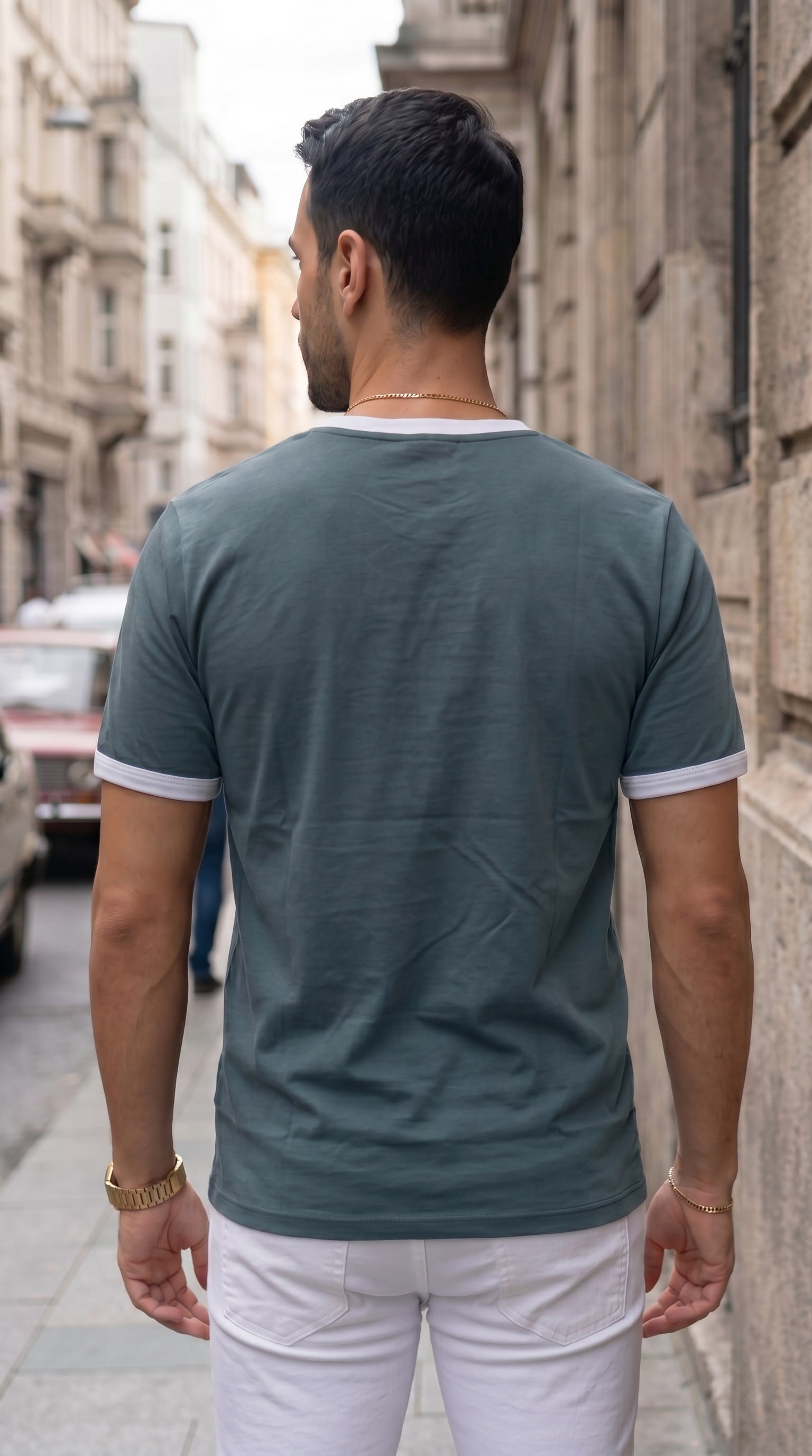 Erkek Petrol Yeşili Renkli Tişört Bisiklet Yaka Kol Garnili Regular T-shirt