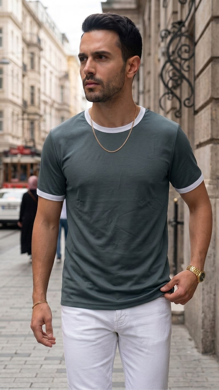 Erkek Petrol Yeşili Renkli Tişört Bisiklet Yaka Kol Garnili Regular T-shirt