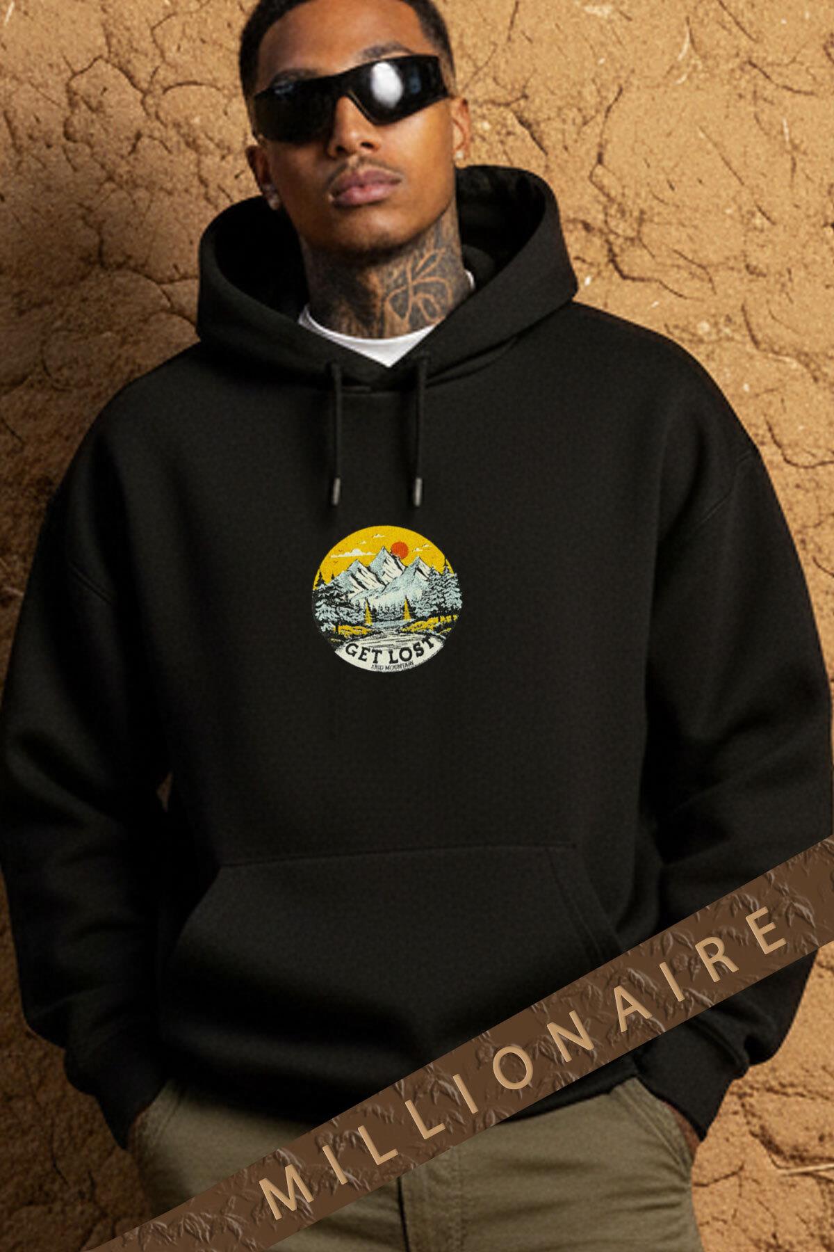 Erkek Siyah Adventure 3 iplik Şardonlu Kapüşonlu Kanguru Cepli Oversize Salaş Hoodie Sweatshirt