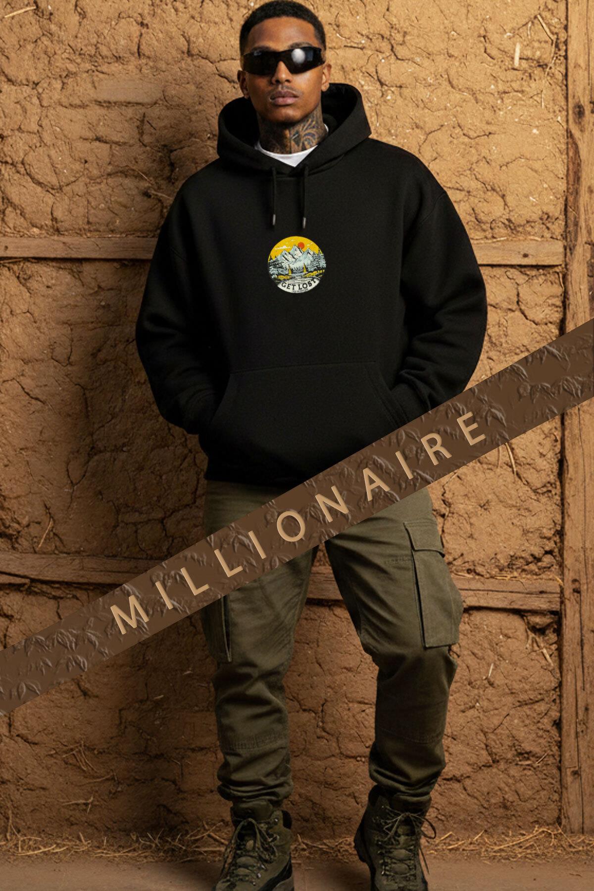 Erkek Siyah Adventure 3 iplik Şardonlu Kapüşonlu Kanguru Cepli Oversize Salaş Hoodie Sweatshirt