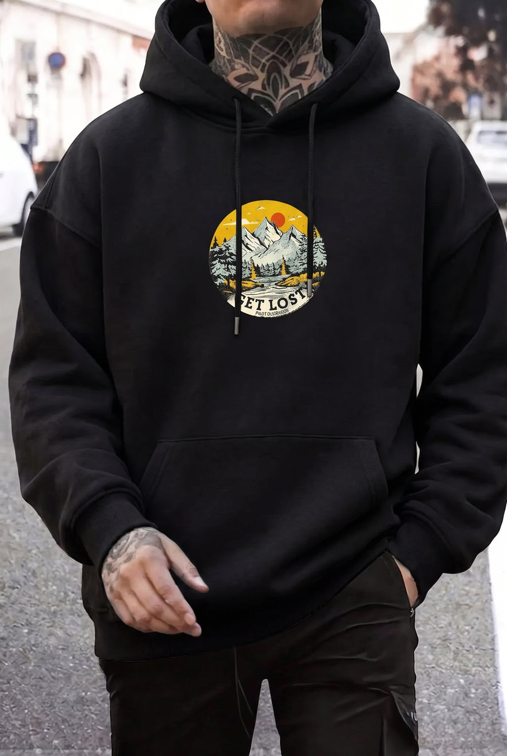 Erkek Siyah Adventure 3 iplik Şardonlu Kapüşonlu Kanguru Cepli Oversize Salaş Hoodie Sweatshirt