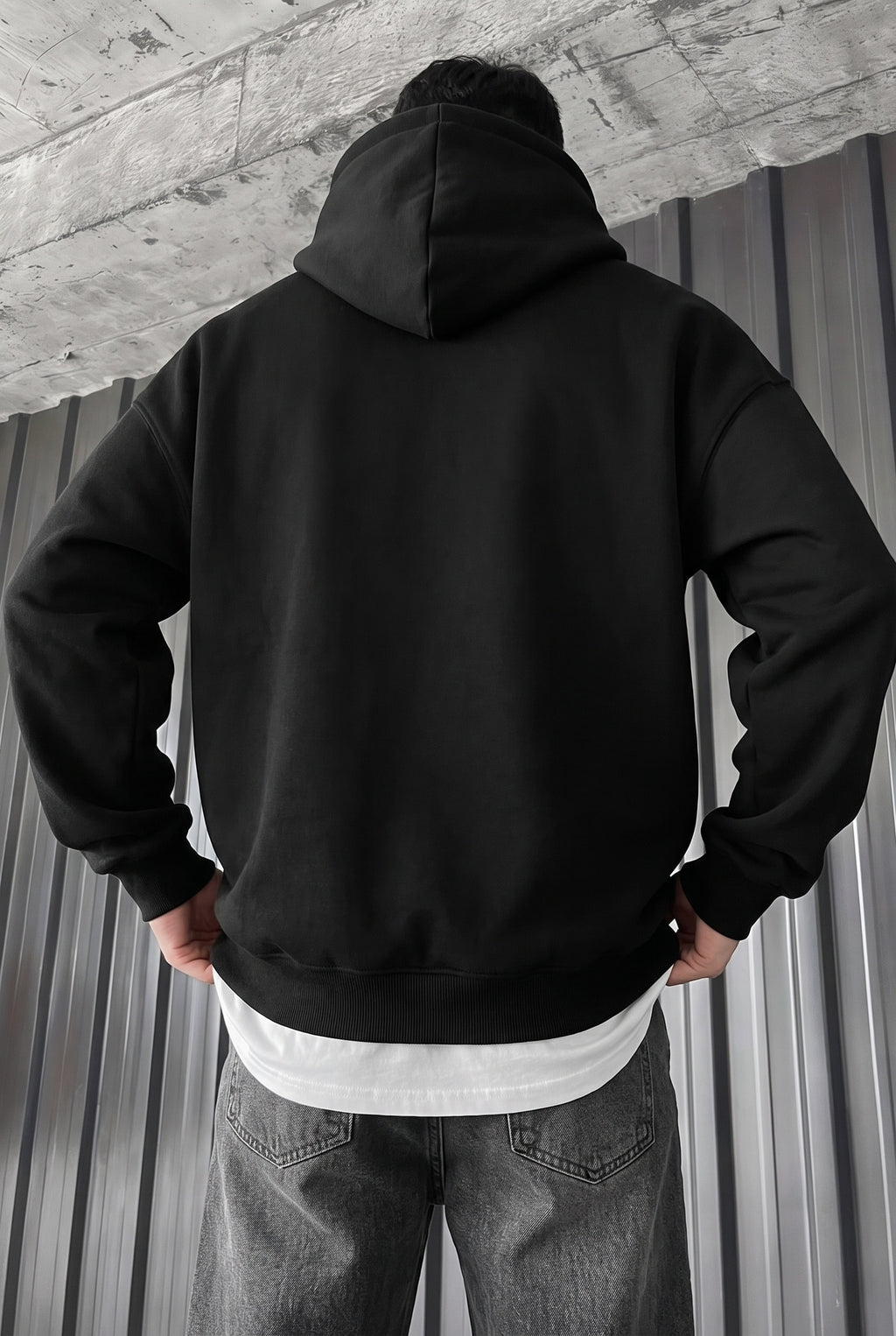 Erkek Siyah Adventure 3 iplik Şardonlu Kapüşonlu Kanguru Cepli Oversize Salaş Hoodie Sweatshirt