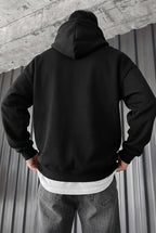 Erkek Siyah Adventure 3 iplik Şardonlu Kapüşonlu Kanguru Cepli Oversize Salaş Hoodie Sweatshirt