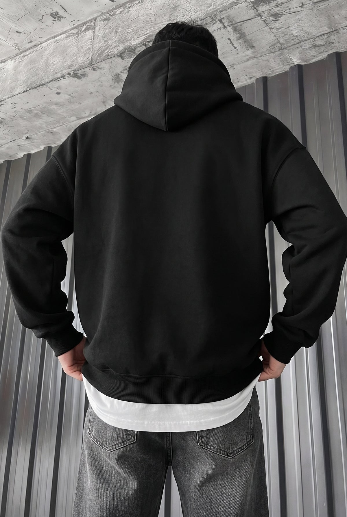 Erkek Siyah Adventure 3 iplik Şardonlu Kapüşonlu Kanguru Cepli Oversize Salaş Hoodie Sweatshirt