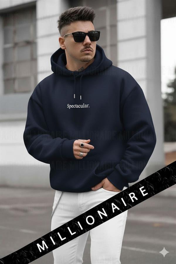 Erkek Lacivert Spectacular Kapüşonlu Oversize 3 iplik Kanguru Cep Şardonlu Salaş Hoodie Sweatshirt