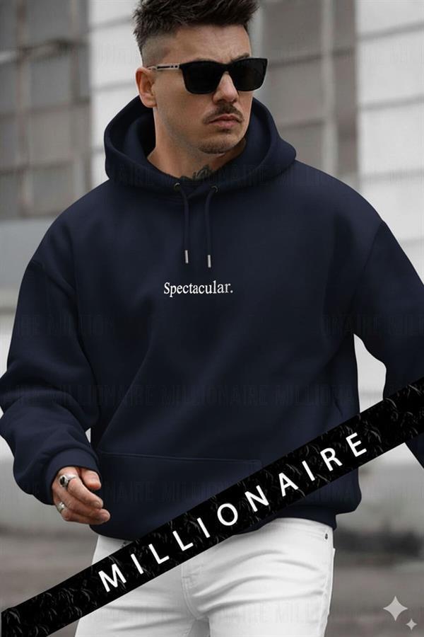 Erkek Lacivert Spectacular Kapüşonlu Oversize 3 iplik Kanguru Cep Şardonlu Salaş Hoodie Sweatshirt