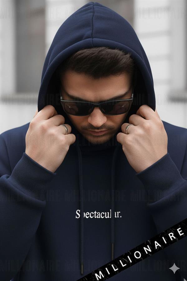 Erkek Lacivert Spectacular Kapüşonlu Oversize 3 iplik Kanguru Cep Şardonlu Salaş Hoodie Sweatshirt