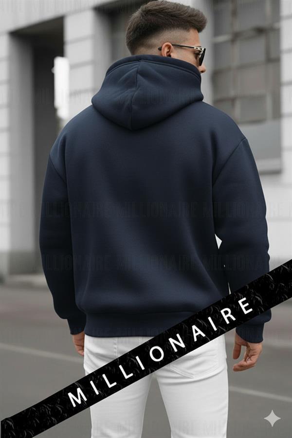 Erkek Lacivert Spectacular Kapüşonlu Oversize 3 iplik Kanguru Cep Şardonlu Salaş Hoodie Sweatshirt