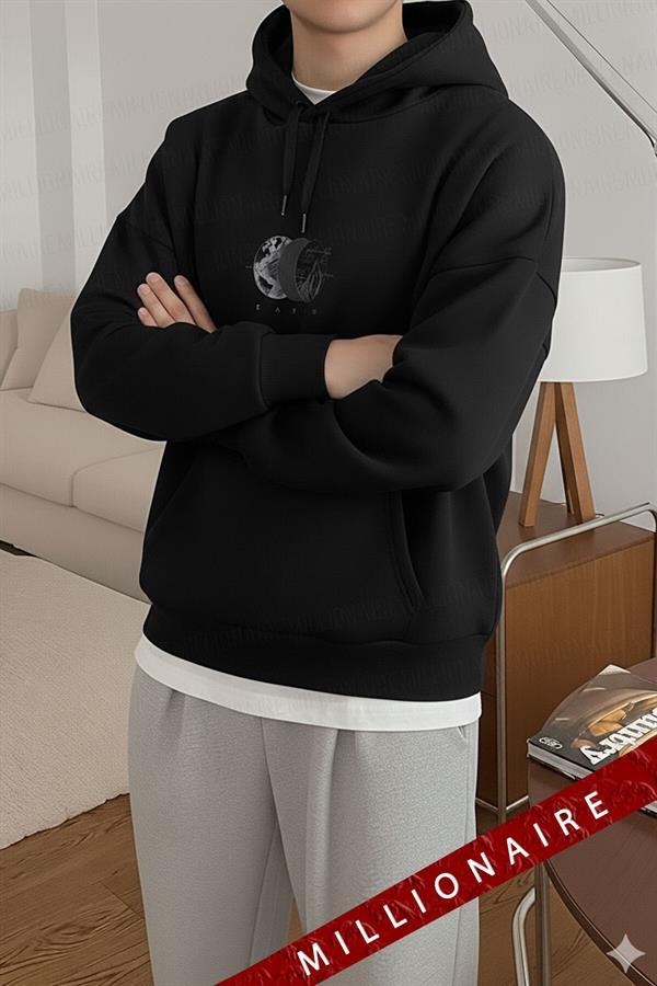Erkek Siyah Earth Kapüşonlu Oversize 3 iplik Şardonlu Salaş Bol Kesim Hoodie Sweatshirt