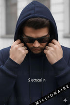 Erkek Lacivert Spectacular Kapüşonlu Oversize 3 iplik Kanguru Cep Şardonlu Salaş Hoodie Sweatshirt