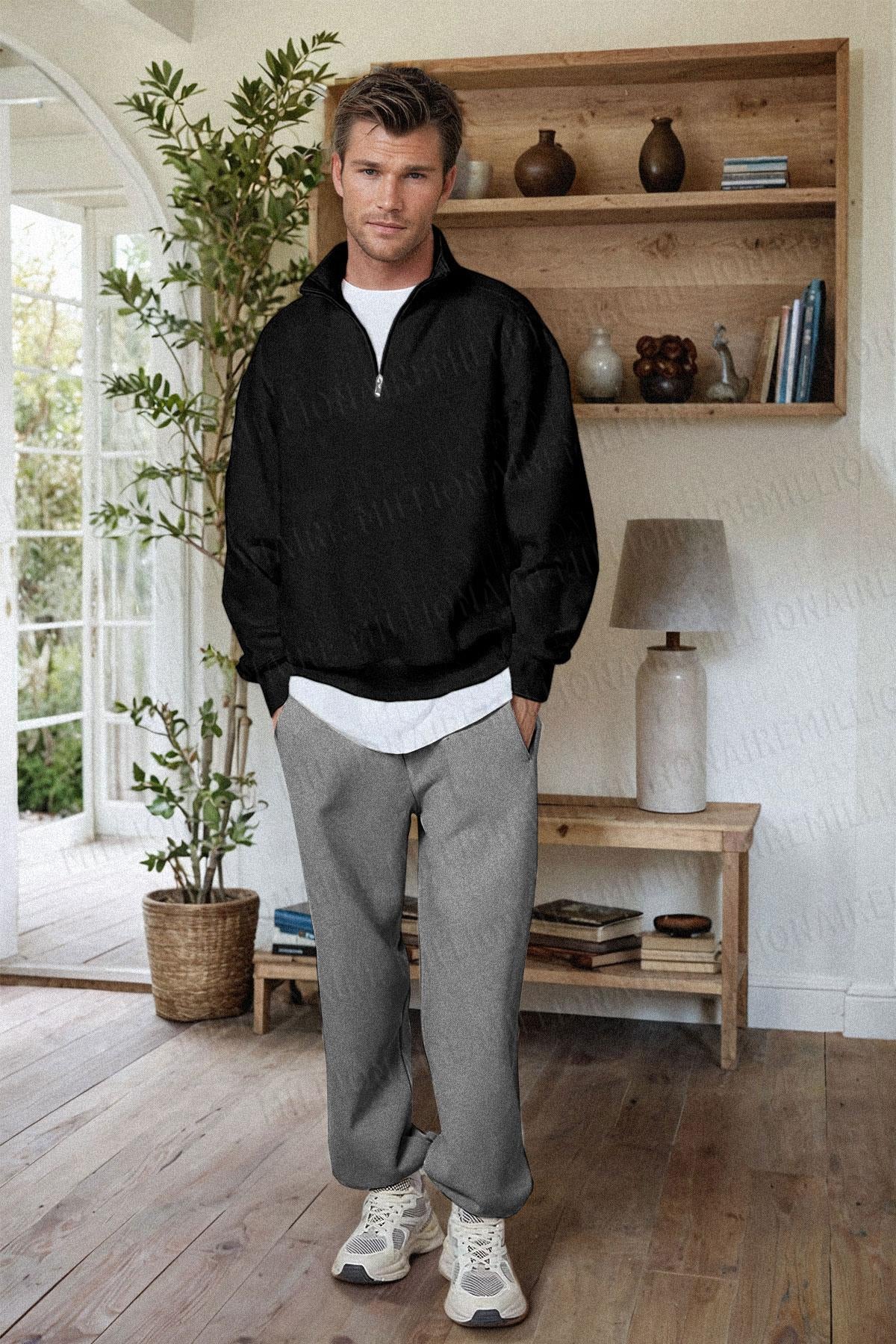 Erkek Siyah Balıkçı Yaka 3 Iplik Içi Polarlı Şardonlu Oversize Sweatshirt