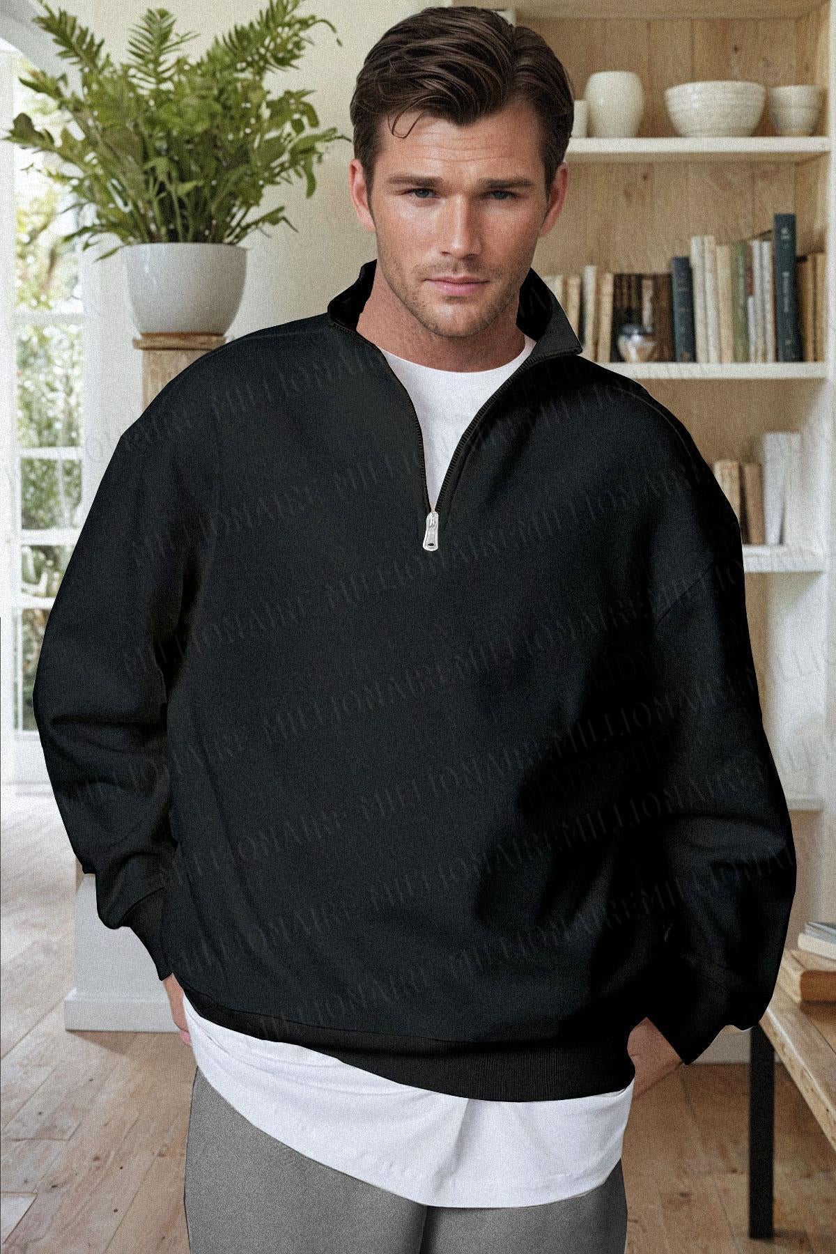 Erkek Siyah Balıkçı Yaka 3 Iplik Içi Polarlı Şardonlu Oversize Sweatshirt