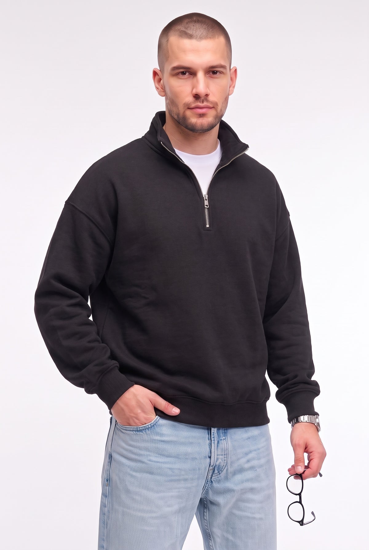 Erkek Siyah Balıkçı Yaka 3 Iplik Içi Polarlı Şardonlu Oversize Sweatshirt