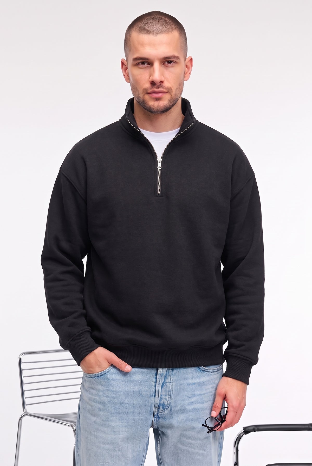 Erkek Siyah Balıkçı Yaka 3 Iplik Içi Polarlı Şardonlu Oversize Sweatshirt