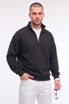 Erkek Siyah Balıkçı Yaka 3 Iplik Içi Polarlı Şardonlu Oversize Sweatshirt