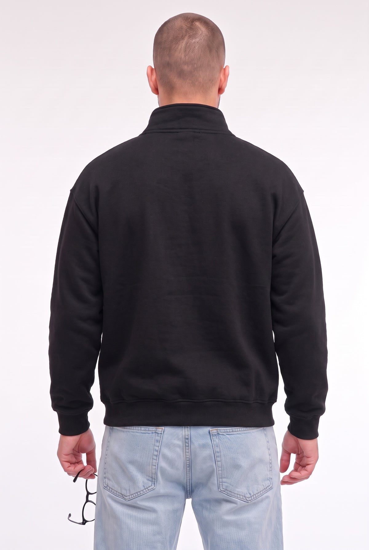 Erkek Siyah Balıkçı Yaka 3 Iplik Içi Polarlı Şardonlu Oversize Sweatshirt