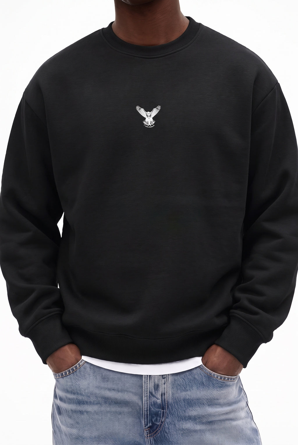 Erkek Siyah Baykuş Kalın Soft 3 İplik içi Şardonlu 0 Sıfır Yaka Oversize Salaş Sweatshirt