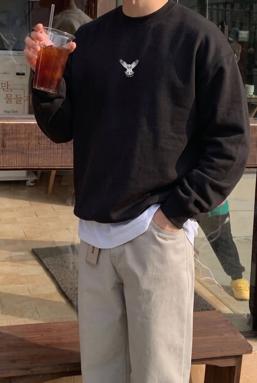 Erkek Siyah Baykuş Kalın Soft 3 İplik içi Şardonlu 0 Sıfır Yaka Oversize Salaş Sweatshirt