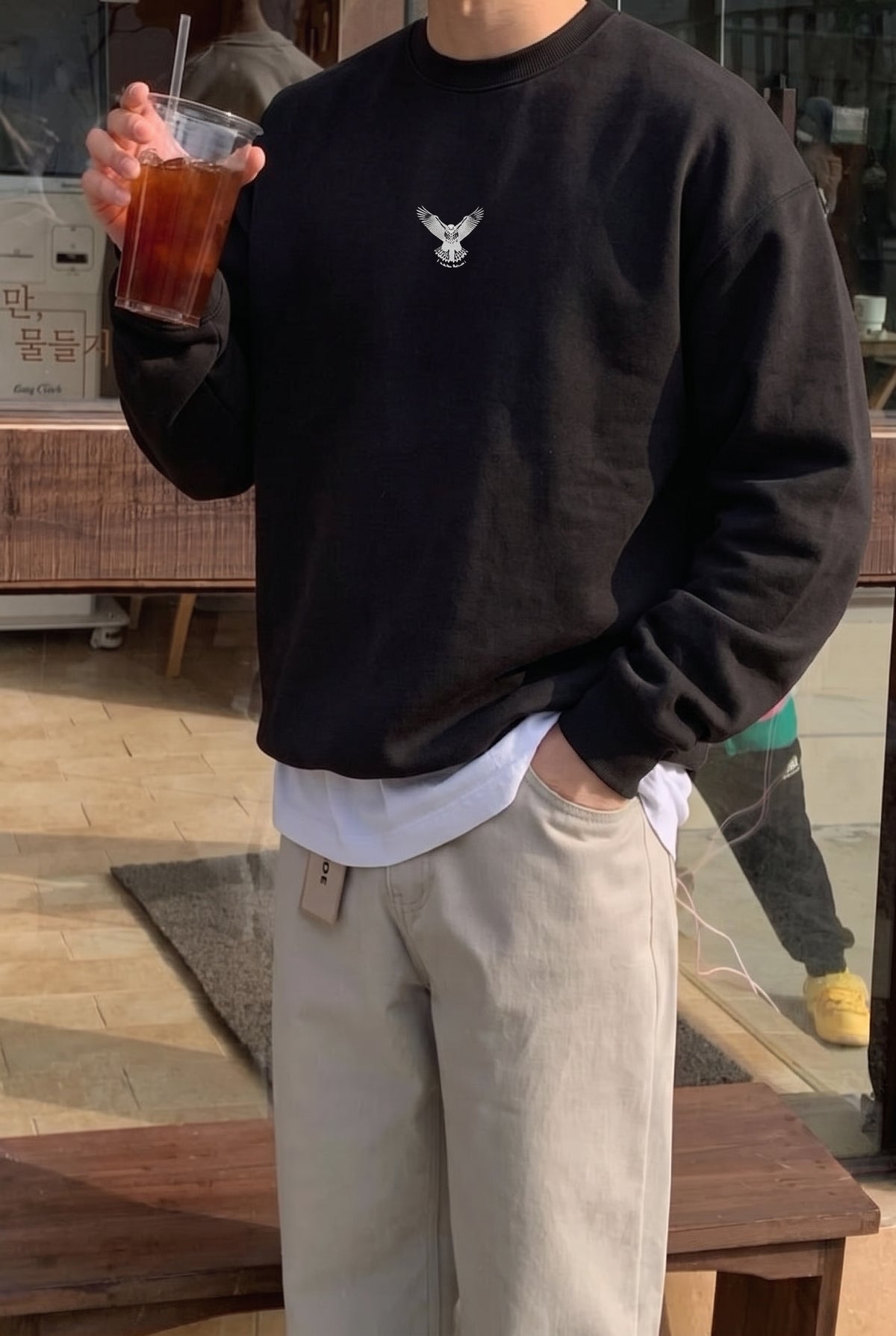 Erkek Siyah Baykuş Kalın Soft 3 İplik içi Şardonlu 0 Sıfır Yaka Oversize Salaş Sweatshirt