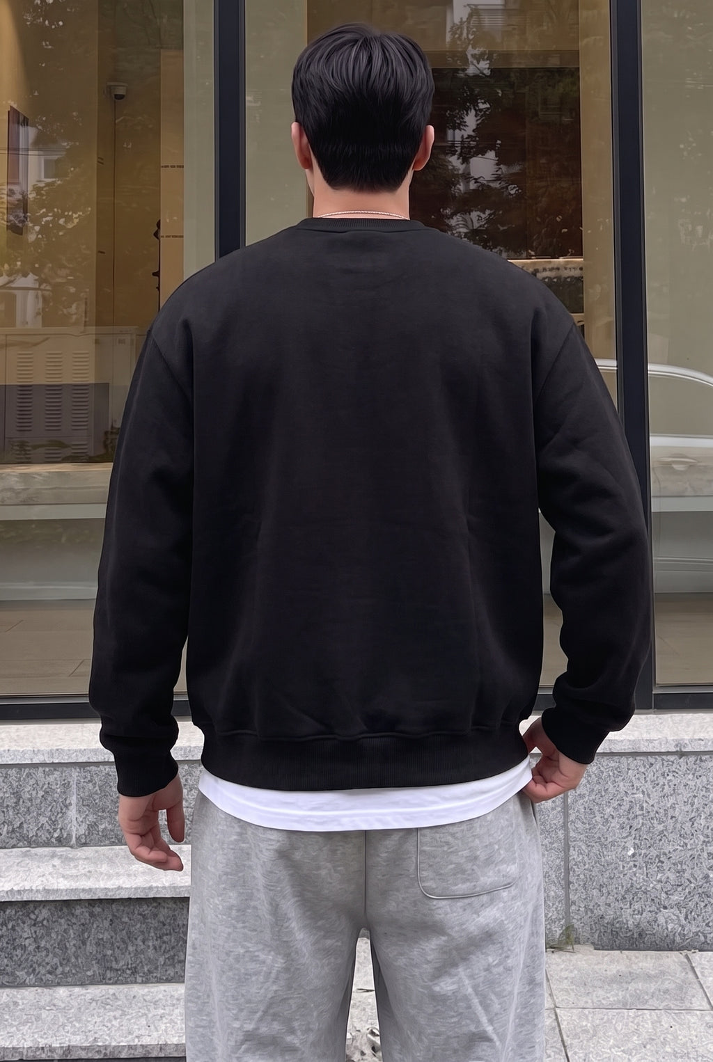 Erkek Siyah Baykuş Kalın Soft 3 İplik içi Şardonlu 0 Sıfır Yaka Oversize Salaş Sweatshirt