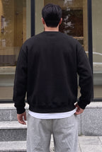 Erkek Siyah Baykuş Kalın Soft 3 İplik içi Şardonlu 0 Sıfır Yaka Oversize Salaş Sweatshirt