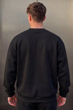 Erkek Siyah Baykuş Kalın Soft 3 İplik içi Şardonlu 0 Sıfır Yaka Oversize Salaş Sweatshirt