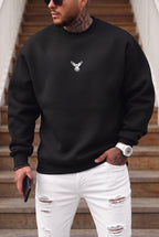 Erkek Siyah Baykuş Kalın Soft 3 İplik içi Şardonlu 0 Sıfır Yaka Oversize Salaş Sweatshirt