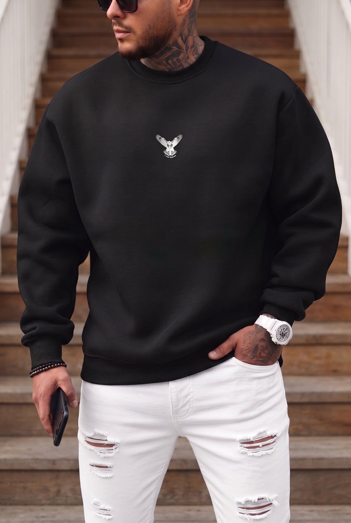 Erkek Siyah Baykuş Kalın Soft 3 İplik içi Şardonlu 0 Sıfır Yaka Oversize Salaş Sweatshirt