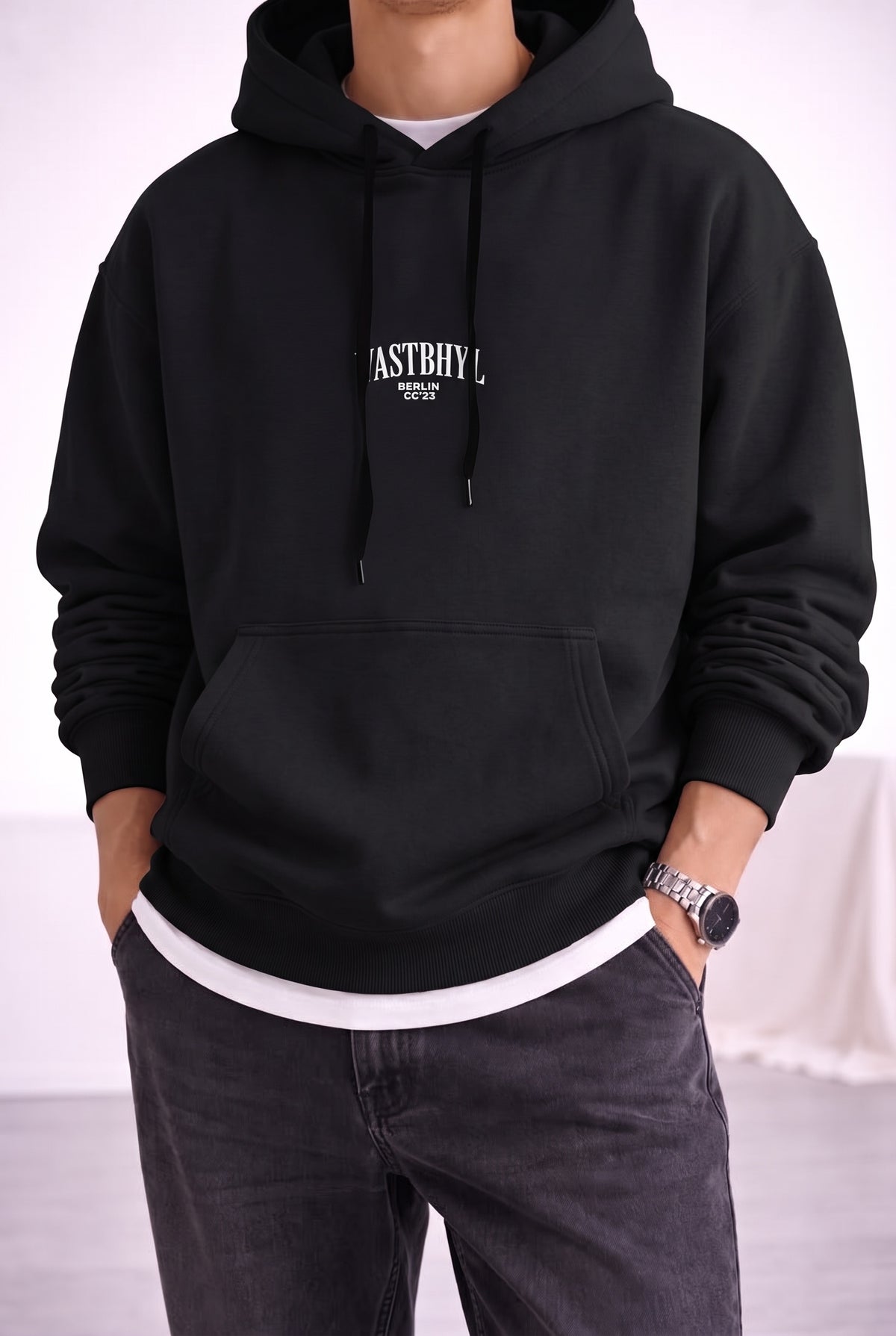 Erkek Siyah Dont Announce Kapüşonlu Oversize 3 iplik Şardonlu Salaş Bol Kesim Hoodie Sweatshirt