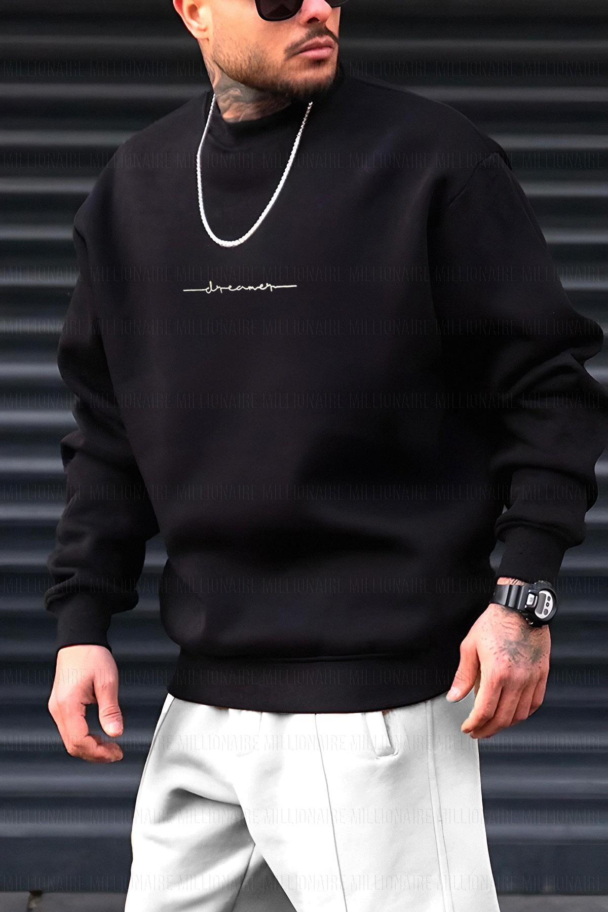Erkek Siyah Dreamer Baskılı 0 Sıfır Yaka Oversize Salaş Bol Kesim Polar Sweatshirt