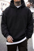 Erkek Siyah Düz Kapüşonlu Oversize 3 iplik Şardonlu Salaş Bol Kesim Hoodie Sweatshirt