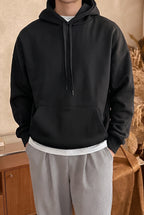Erkek Siyah Düz Kapüşonlu Oversize 3 iplik Şardonlu Salaş Bol Kesim Hoodie Sweatshirt