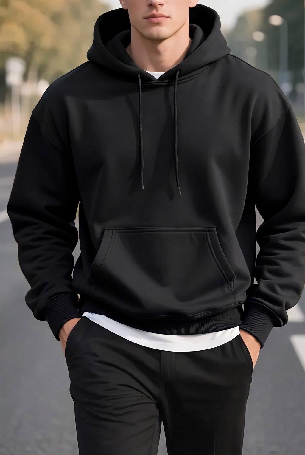 Erkek Siyah Düz Kapüşonlu Oversize 3 iplik Şardonlu Salaş Bol Kesim Hoodie Sweatshirt