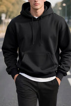 Erkek Siyah Düz Kapüşonlu Oversize 3 iplik Şardonlu Salaş Bol Kesim Hoodie Sweatshirt