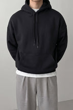 Erkek Siyah Düz Kapüşonlu Oversize 3 iplik Şardonlu Salaş Bol Kesim Hoodie Sweatshirt