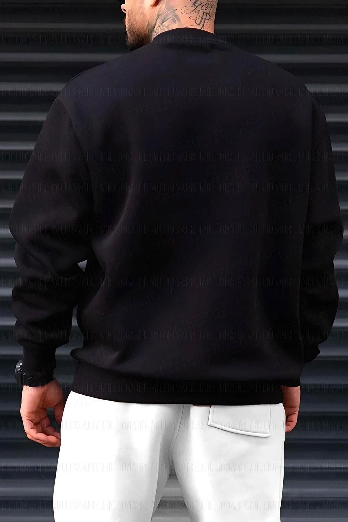 Erkek Siyah Free Life Baskılı Kalın Soft 3 İplik içi Şardonlu 0 Sıfır Yaka Oversize Salaş Sweatshirt